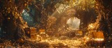Fototapeta  - A hidden fantasy treasury in a 3D-rendered enchanted forest, with chests of jewels and gold nestled among ancient trees, illuminated by magical light