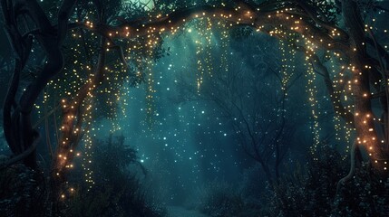 Wall Mural - A mystical forest scene at night under a starry sky, with a natural archway of intertwining branches covered in twinkling lights. 