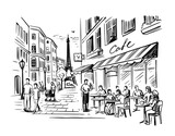 Fototapeta Tematy - Street cafe in old town vector illustration with people