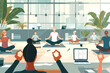 Health-conscious businessmen and businesswomen participate in a rejuvenating yoga session, promoting workplace wellness and encouraging employees to prioritize fitness and self-care