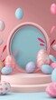 Trendy Easter greeting with 3d product podium, spring flower, cloud, Easter egg and bunny. Spring floral Modern 3d graphic concept.