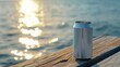 A chilled beverage Mockup can sits on a sunlit pier, offering a moment of refreshment against the tranquil backdrop of a sparkling sea.