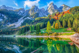 Fototapeta Góry - Beautiful view of idyllic colorful autumn scenery in Gosausee lake Austria