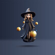 3D sorceress, witch in black clothes levitating, flying with golden layers in the air in the dark. For celebrations, magic, fairy tales, fantasies, prints on T-shirts. Vector