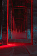 a photo of a dark empty berlin warehouse, red glowing, large stone pillars symmetrical smoke