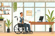 Inclusive workplace welcomes a talented businessman in a wheelchair, providing accommodations and adaptive equipment to ensure equal opportunity and full participation