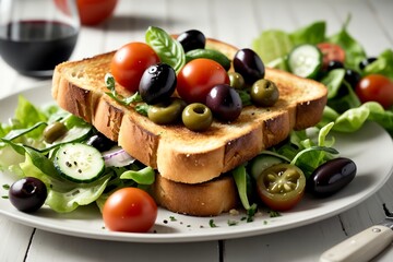 Wall Mural - fried toast with lettuce, cucumbers, chicken and other vegetables