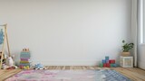 Fototapeta Londyn - a playroom with a blank white wall; a rug that is pink purple and blue; hardwood floors; stacking blocks; a stack of books on the floor