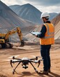 A male engineer in a reflective vest operates a drone at a quarry, with excavation equipment in the backdrop, signifying modern surveying methods.