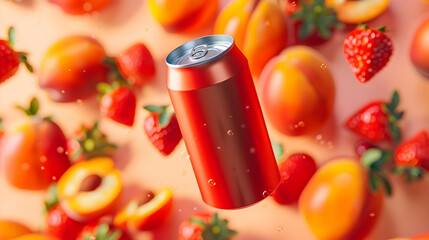 Wall Mural - mockup of a red aluminum can on a background of peaches and strawberries