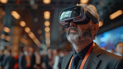 professional business conference presentation in auditorium convention hall, with senior manager experiencing vr virtual reality using goggles among crowd of people background