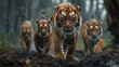 © CinimaticWorks - wild tiger group roaming in closeup view, displaying wildlife nature and majestic predator behavior in habitat conservation efforts for endangered species
