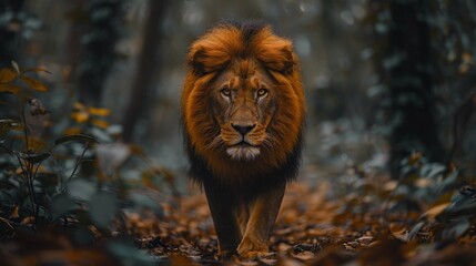 Wall Mural - adult male lion walking in forest, showcasing wildlife nature and powerful predator behavior in afri
