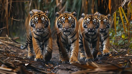 Wall Mural - majestic wild tiger group walking in closeup view, illustrating wildlife nature and powerful predato