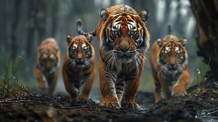 wild tiger group roaming in closeup view, displaying wildlife nature and majestic predator behavior 