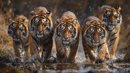 Wall Mural - group of wild tigers walking in closeup view, highlighting wildlife nature and powerful predator beh
