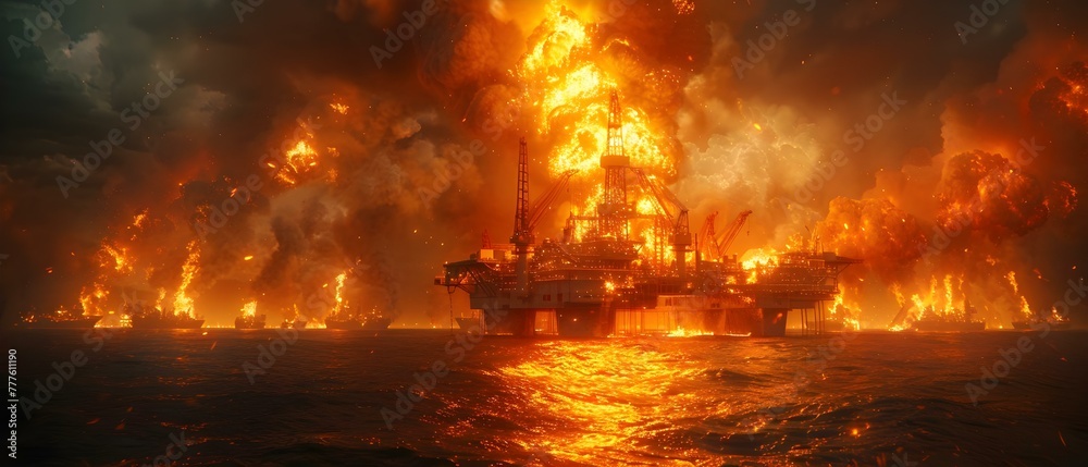 Foto de Stock Catastrophic Oil Rig Explosion Sparks Fire and Endangers ...