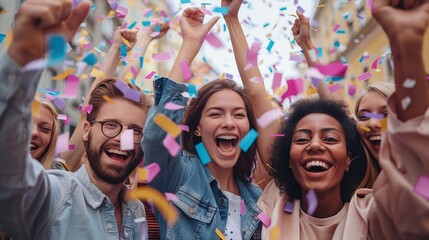 happy diverse employees team celebrates success in corporate event with confetti and excitement