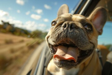 excited french bool dog out of a car window, close up, sunny, scenic