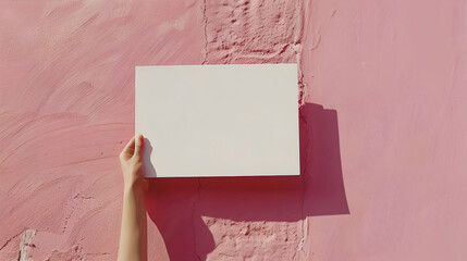 Wall Mural -  mockup white sheet of paper in hand on pink background