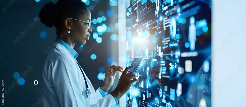 A doctor using an electronic medical record system with icons and data ...