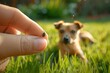 A tick on human finger with a dog lying in the grass.