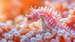   A tight shot of a seahorse amidst a sea of white orbs Background softly blurred, hues of orange and pink prevail