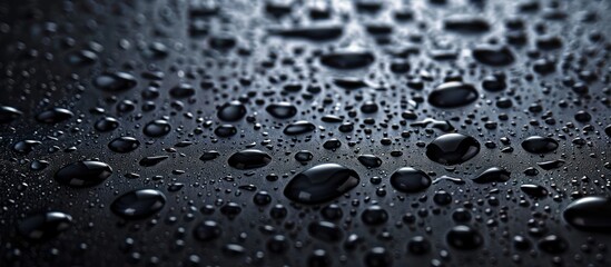 Poster - Close-up view of multiple water droplets resting on a smooth black surface, reflecting light and creating a striking contrast.