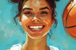 Painting of a smiling woman with a basketball ball.