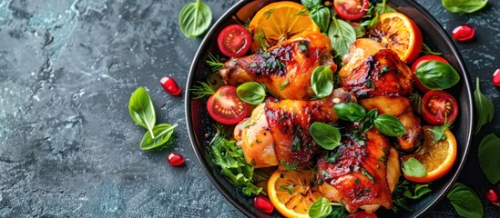 Wall Mural - A bowl filled with honey glazed chicken legs, oranges, and fresh spinach leaves.