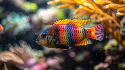   A colorful fish swims in an aquarium teeming with corals and various marine life on a sunny day The water shimmers with blue, green, and purple h