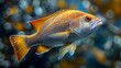   A tight shot of a fish in water, surrounded by a softly blurred backdrop of blue, yellow, and orange hues