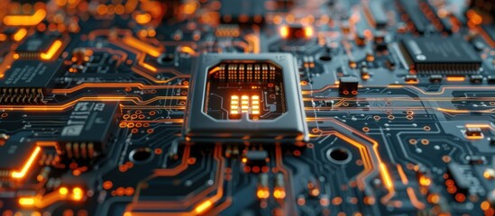 Aufkleber - Detailed view of a computer motherboard showcasing a close-up of a processor chip integrated on the circuit board.