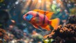   A close-up of a fish in an aquarium with sunlight streaming through the water