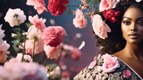 Fototapeta  - Cinematic summer themedbeautiful black queen covered in flowers elegant 4k aesthetic