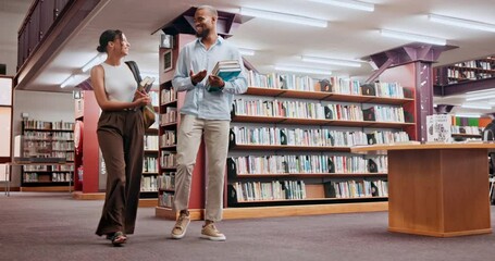 Canvas Print - Talking, book or students walking in library for university education at college or school campus. Teamwork, learning or people with scholarship studying knowledge, research project or information