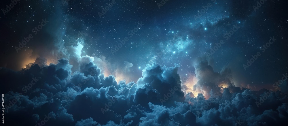 A vast night sky filled with thick clouds and twinkling stars, creating ...