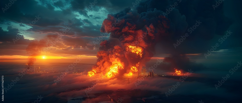 Severe fire at oil refinery with explosion and thick black smoke cloud ...