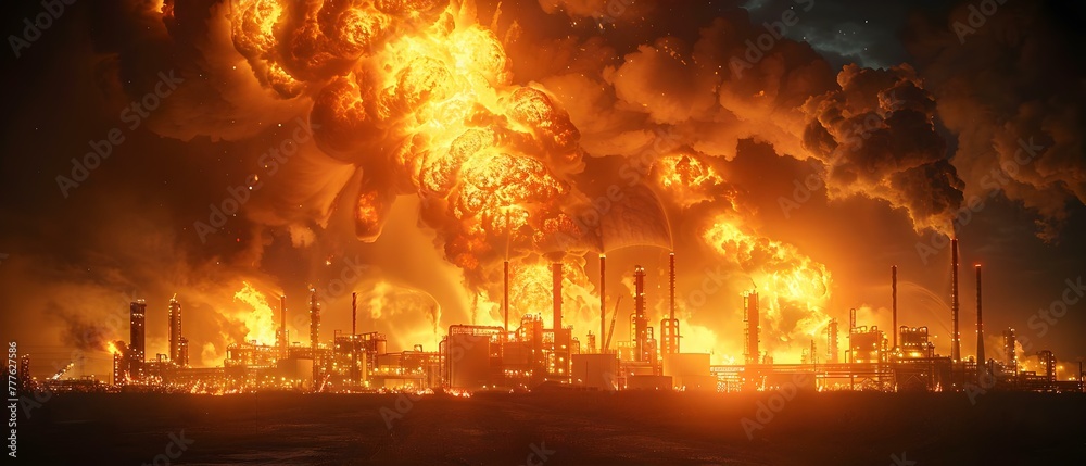 Crisis at Large Oil Refinery as Fire Breaks Out. Concept Oil Refinery ...