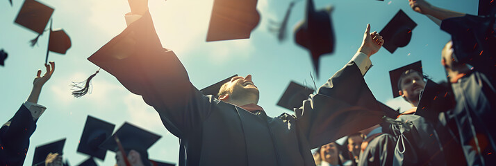 Group of happy graduates celebrating their graduation moments by throwing their caps in air, caps in the air proud moment