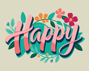 Sticker - Happy handwritten typography text vector illustration