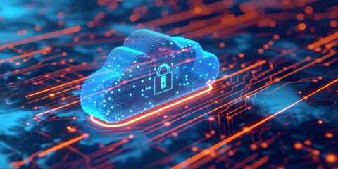 Wall Mural - Futuristic depiction of secure cloud storage with a glowing digital lock symbolizing cybersecurity on a neon circuit board.