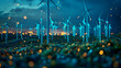 Night Lights and Wind Turbine in Green Environment