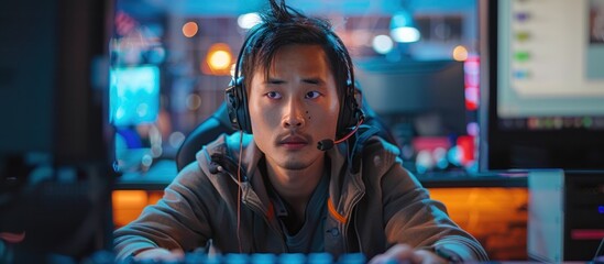 Wall Mural - An Asian man wearing headphones is seated at a call center desk, focused on his computer screen.