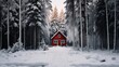 Experience the tranquil forest with fluffy snow and a rustic cabin