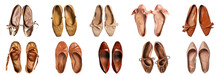 Chic and comfortable women's flat shoe collection in elegant brown and tan shades cut out on transparent background