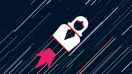 Poster - Business woman symbol flies through the universe on a jet propulsion. The symbol in the center is shaking due to high speed. Seamless looped 4k animation on dark blue background with stars