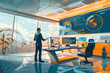 Visionary businessman explores a futuristic office setting, envisioning the transformative potential of advanced technology and innovative work practices in the workplace of tomorrow