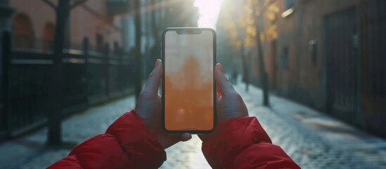 Poster - A person is holding a cell phone in their hands, with the screen blank. The focus is on the interaction between the individual and the device.