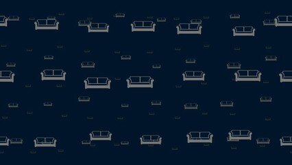 Poster - Sofa icons float horizontally from left to right. Parallax fly effect. Floating symbols are located randomly. Seamless looped 4k animation on dark blue background